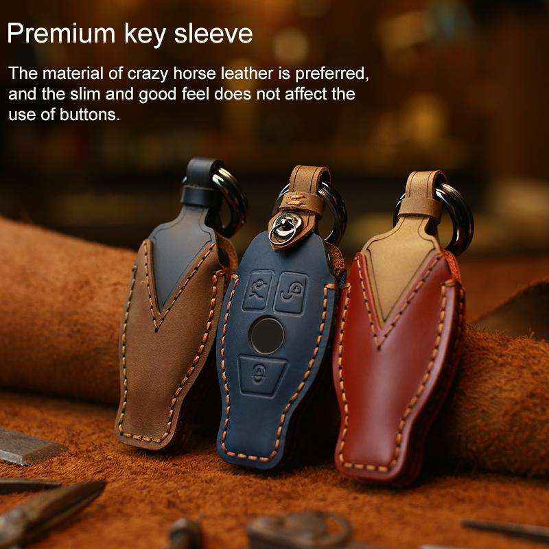 For Mercedes-Benz Old Style Car Cowhide Leather Key Protective Cover Key Case (Blue)