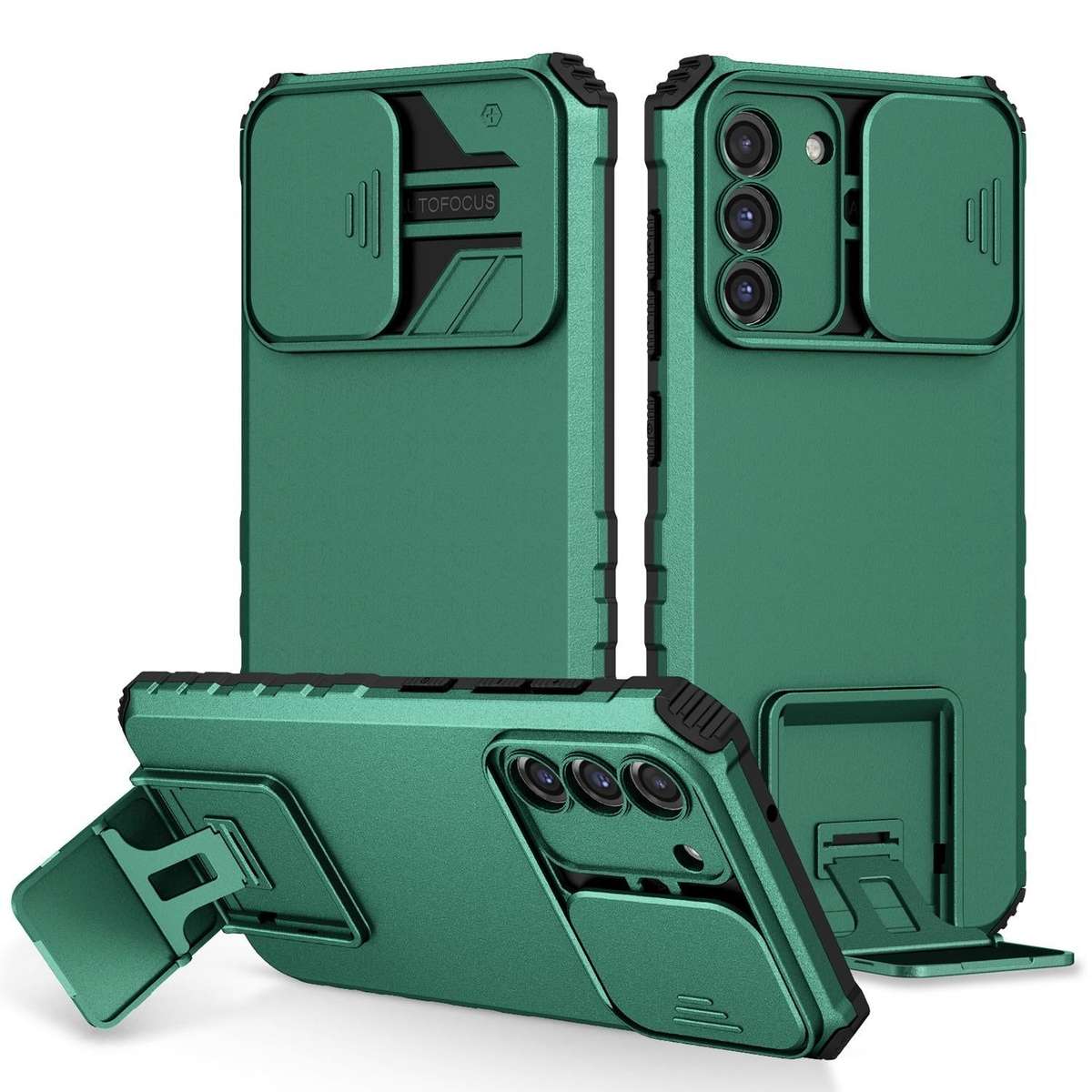 For Samsung Galaxy S21 FE 5G Stereoscopic Holder Sliding Camshield Phone Case(Green)