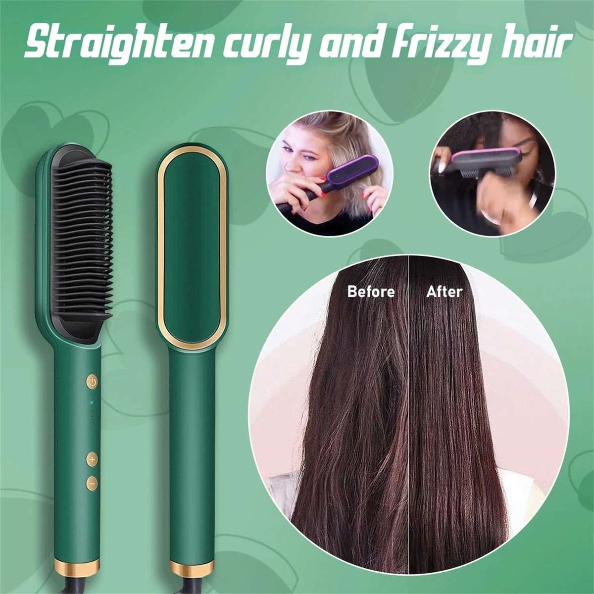 2 In 1 Hair Straightener Brush And Curler Negative Ion Hair Straightener Styling Comb(Green)