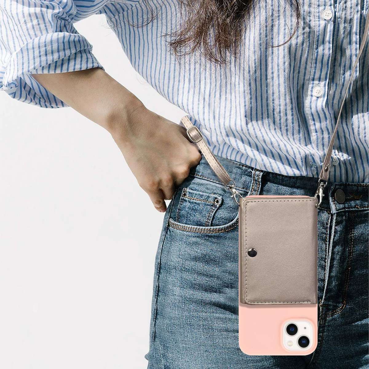 For iPhone 14 Crossbody Lanyard Wallet Card Bag Phone Case(Pink)
