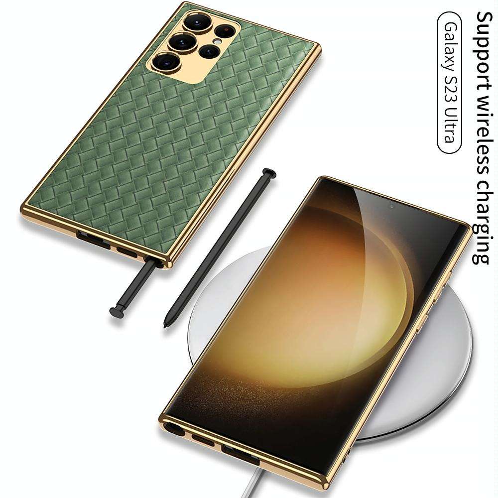 For Samsung Galaxy S23 Ultra 5G GKK Weave Texture Electroplating PU Protective Phone Case(Green)