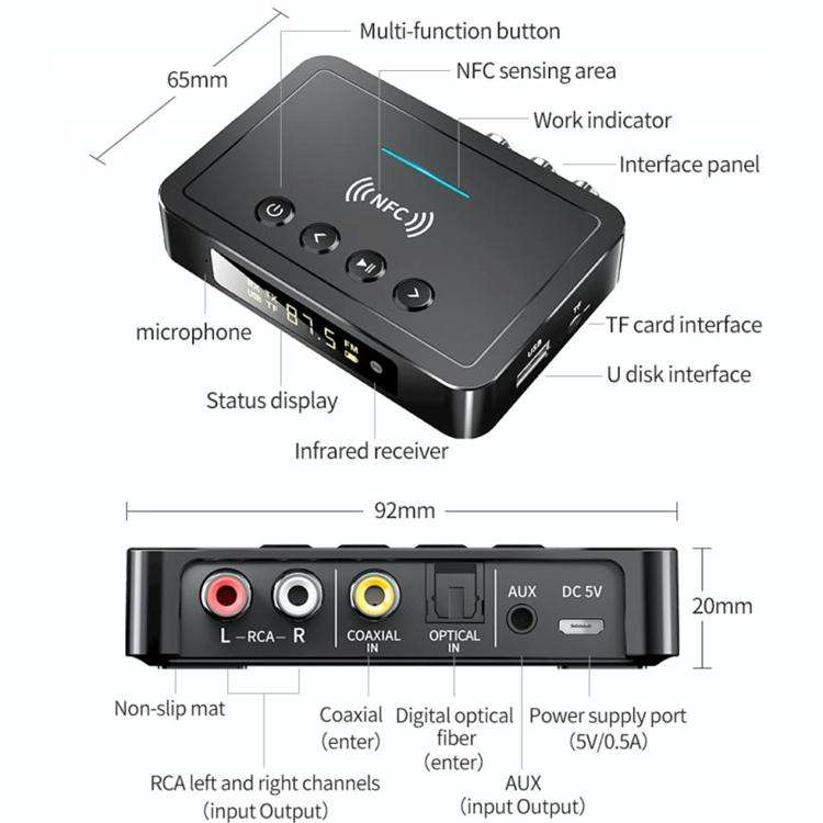 M6 NFC Bluetooth 5.0 Receiver & Transmitter & FM 3 In 1 Adapter(Black)