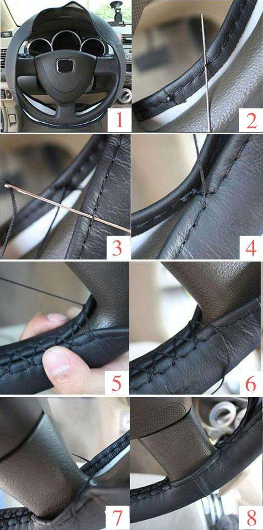 Leather Steering Wheel Cover With Needle and Thread, Size: 54x10.5cm (Black)