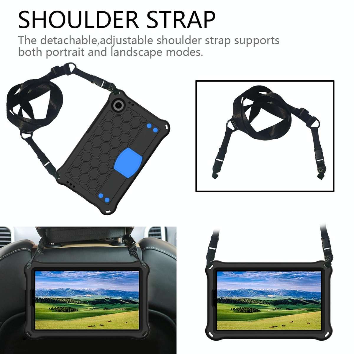 For Samsung Galaxy Tab A9 8.7 X110/X115 Honeycomb EVA Hybrid PC Tablet Case with Strap(Black+Blue)
