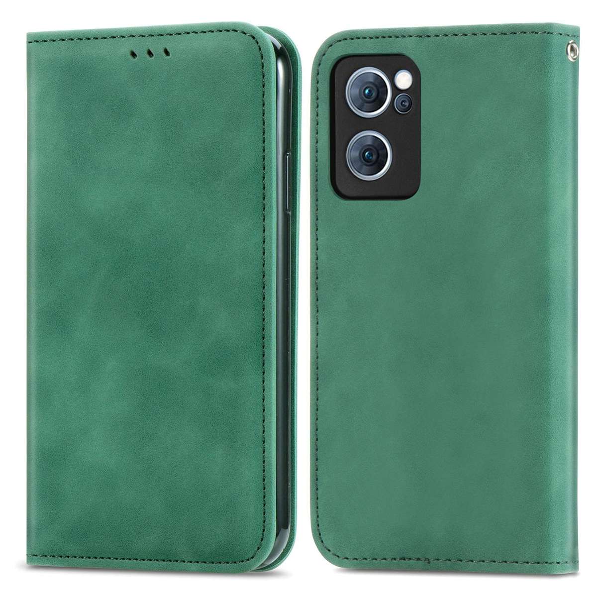 For OPPO Reno7 5G Retro Skin Feel Magnetic Flip Leather Case(Green)