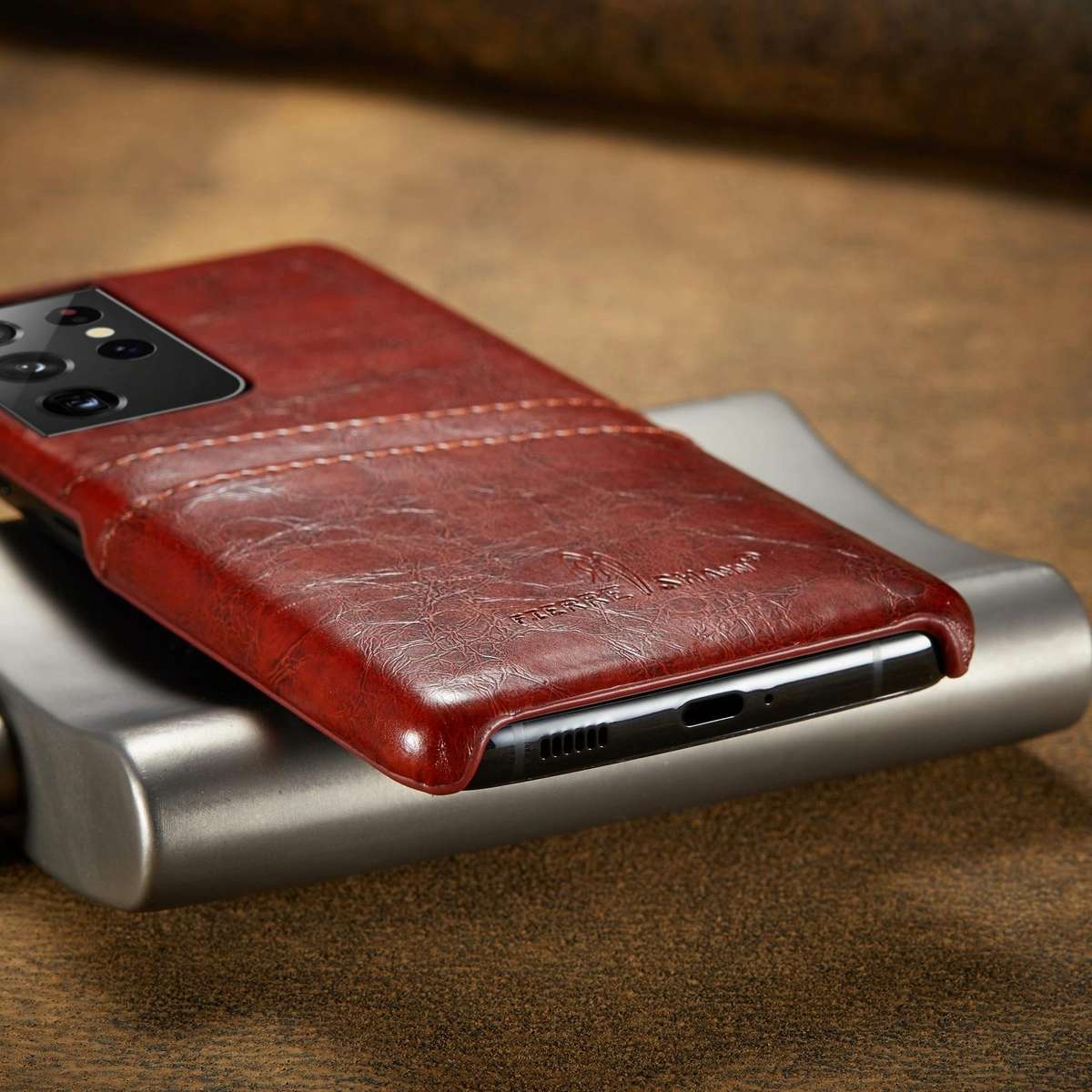 For Samsung Galaxy S21 Ultra 5G Fierre Shann Oil Wax Texture Leather Back Cover Case(Yellow)