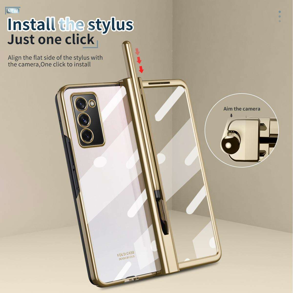 For Samsung Galaxy Z Fold2 5G Full Body Electroplating Hinge Phone Case with Stylus(Gold)