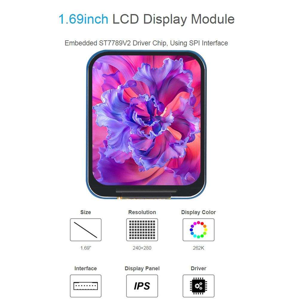 Waveshare 1.69 Inch 240280 Resolution IPS LCD Display Module With SPI Interface