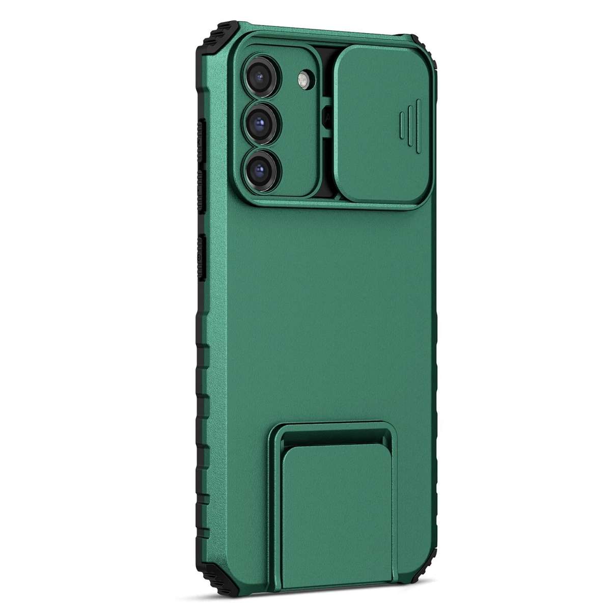 For Samsung Galaxy S21 FE 5G Stereoscopic Holder Sliding Camshield Phone Case(Green)