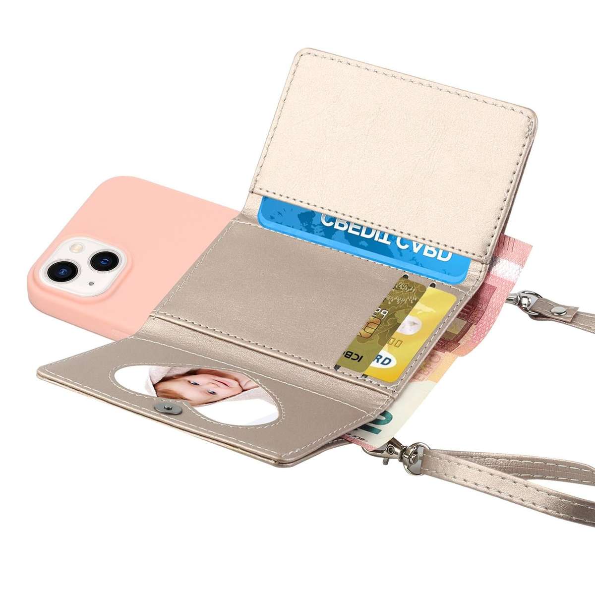 For iPhone 14 Crossbody Lanyard Wallet Card Bag Phone Case(Pink)