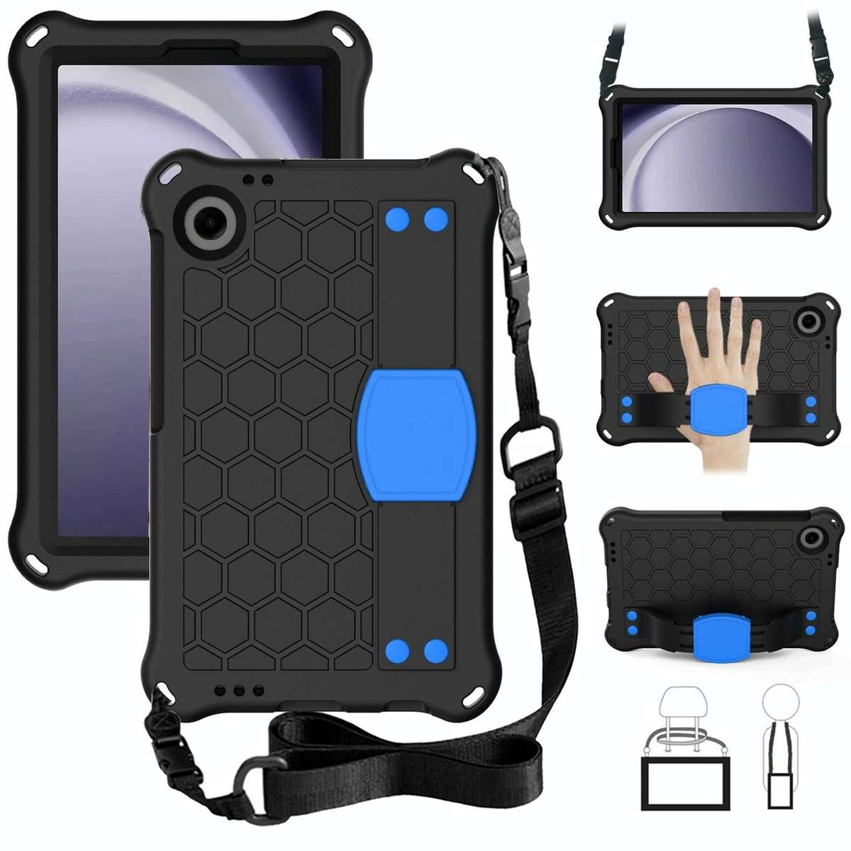 For Samsung Galaxy Tab A9 8.7 X110/X115 Honeycomb EVA Hybrid PC Tablet Case with Strap(Black+Blue)