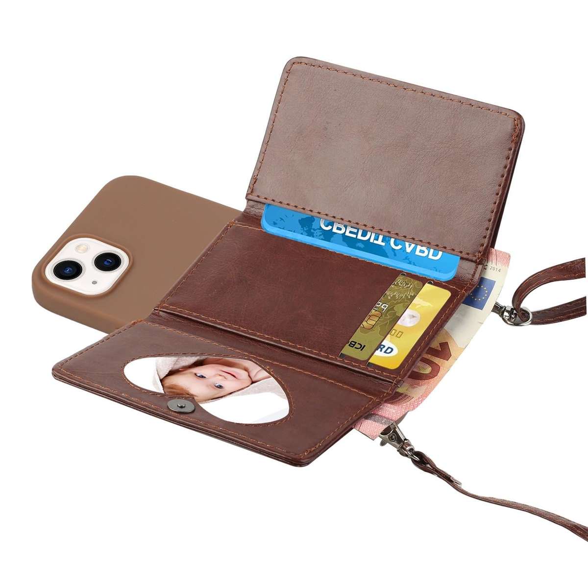 For iPhone 14 Crossbody Lanyard Wallet Card Bag Phone Case(Coffee)