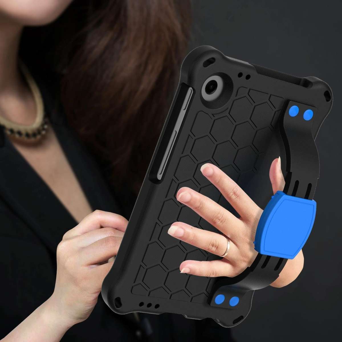 For Samsung Galaxy Tab A9 8.7 X110/X115 Honeycomb EVA Hybrid PC Tablet Case with Strap(Black+Blue)