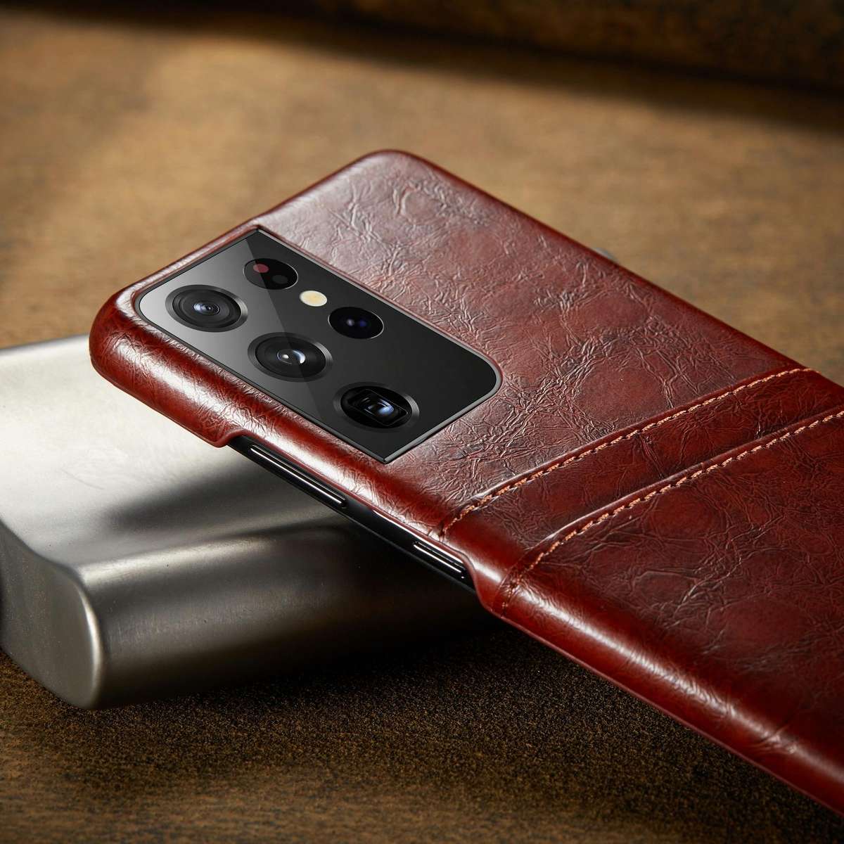 For Samsung Galaxy S21 Ultra 5G Fierre Shann Oil Wax Texture Leather Back Cover Case(Yellow)