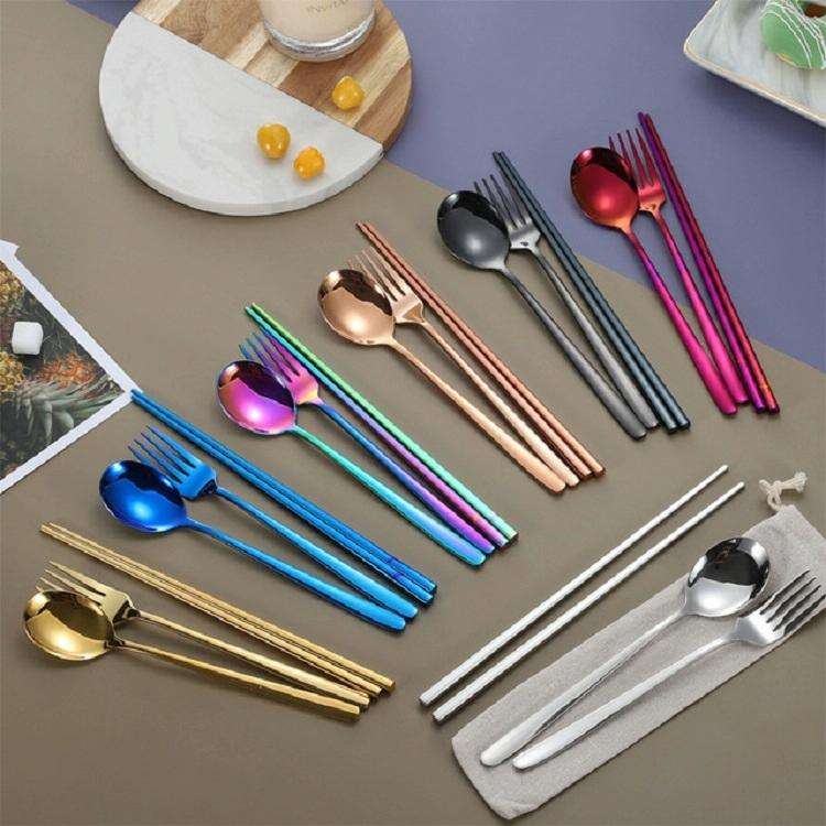 3 PCS / Set Creative Stainless Steel Spoon Fork Chopsticks Portable Tableware Set, Color:Black