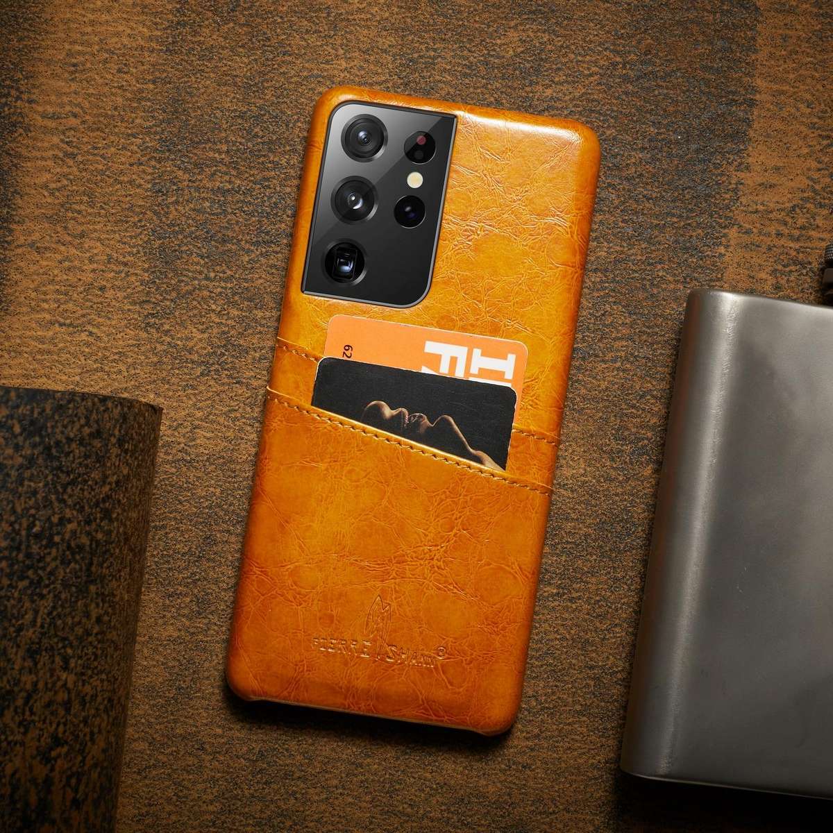 For Samsung Galaxy S21 Ultra 5G Fierre Shann Oil Wax Texture Leather Back Cover Case(Yellow)