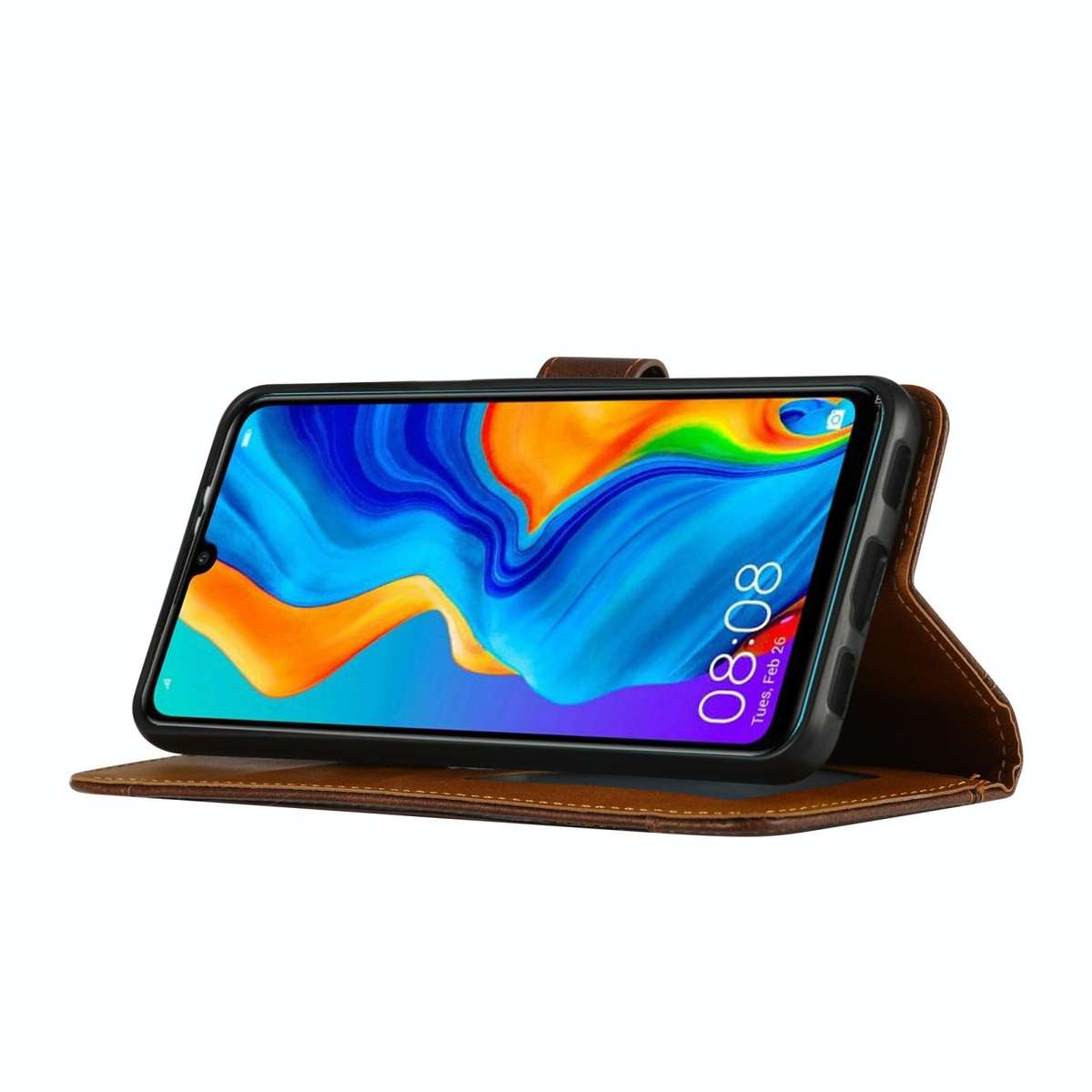 For Huawei P30 Lite Calf Texture Double Fold Clasp Horizontal Flip Leather Case with Photo Frame ...