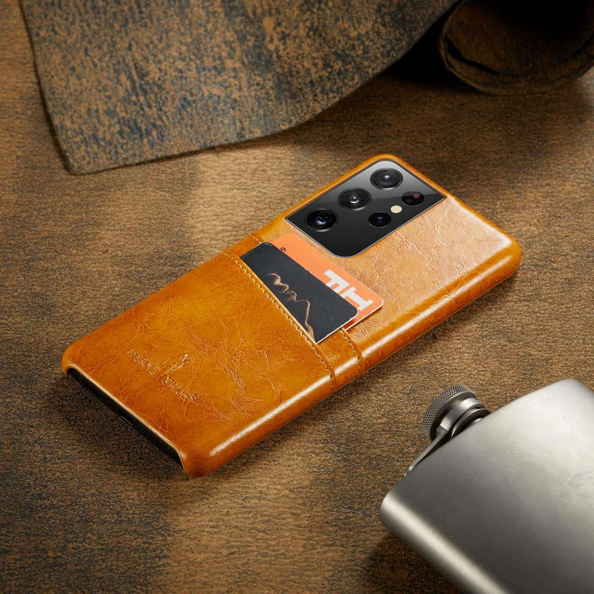 For Samsung Galaxy S21 Ultra 5G Fierre Shann Oil Wax Texture Leather Back Cover Case(Yellow)