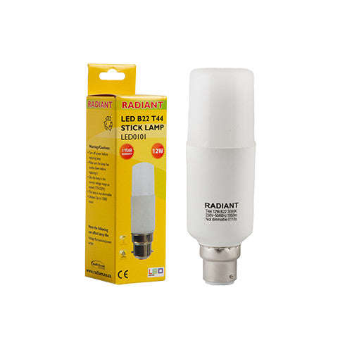 Radiant LED Stick Lamp T44 B22 12W 1080lm 3000K - Frosted