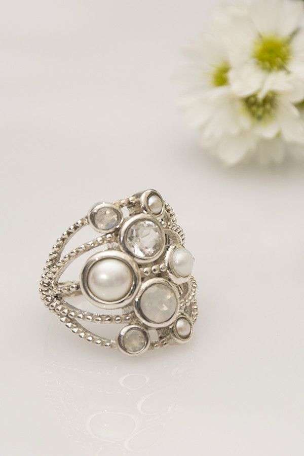 925 Sterling Silver Ring Pearl Moonstone Crystal
