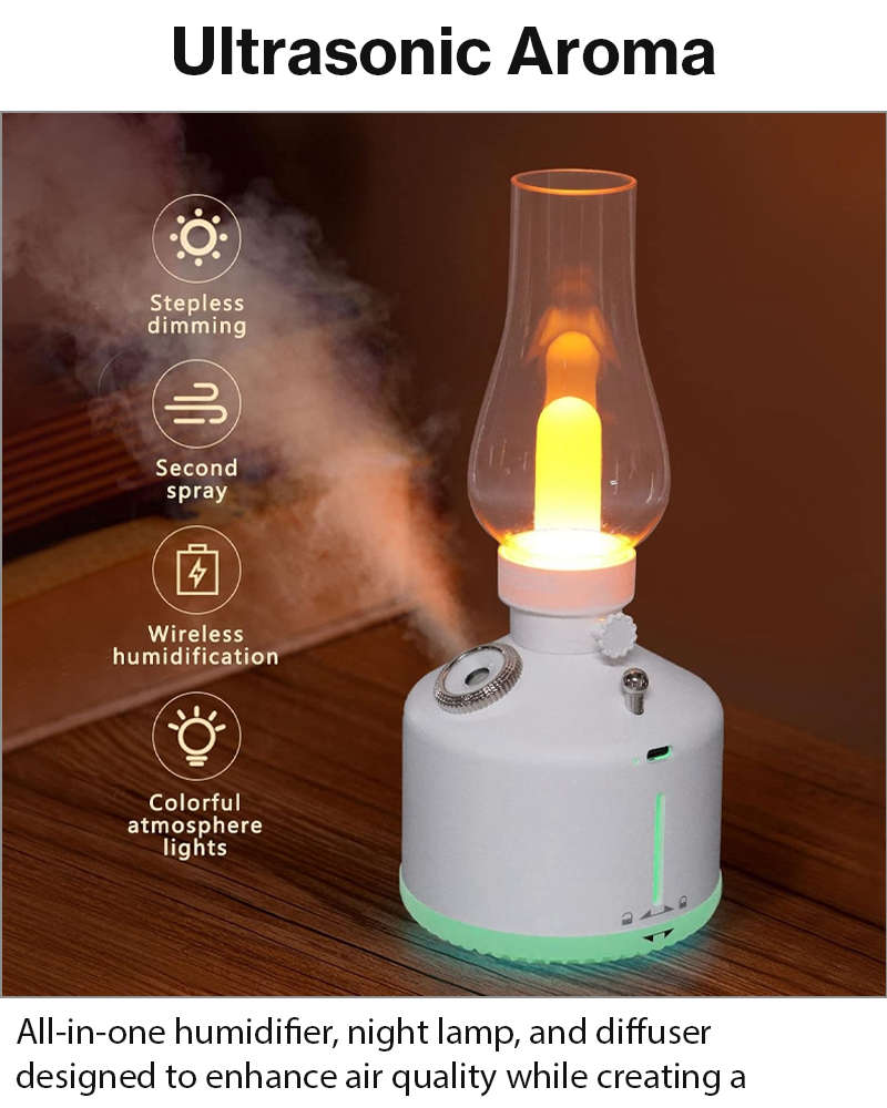 Ultrasonic Air Humidifier with Night Lamp, Aromatherapy, 280 ml Tank, USB-C Rechargeable 1200 mAh...