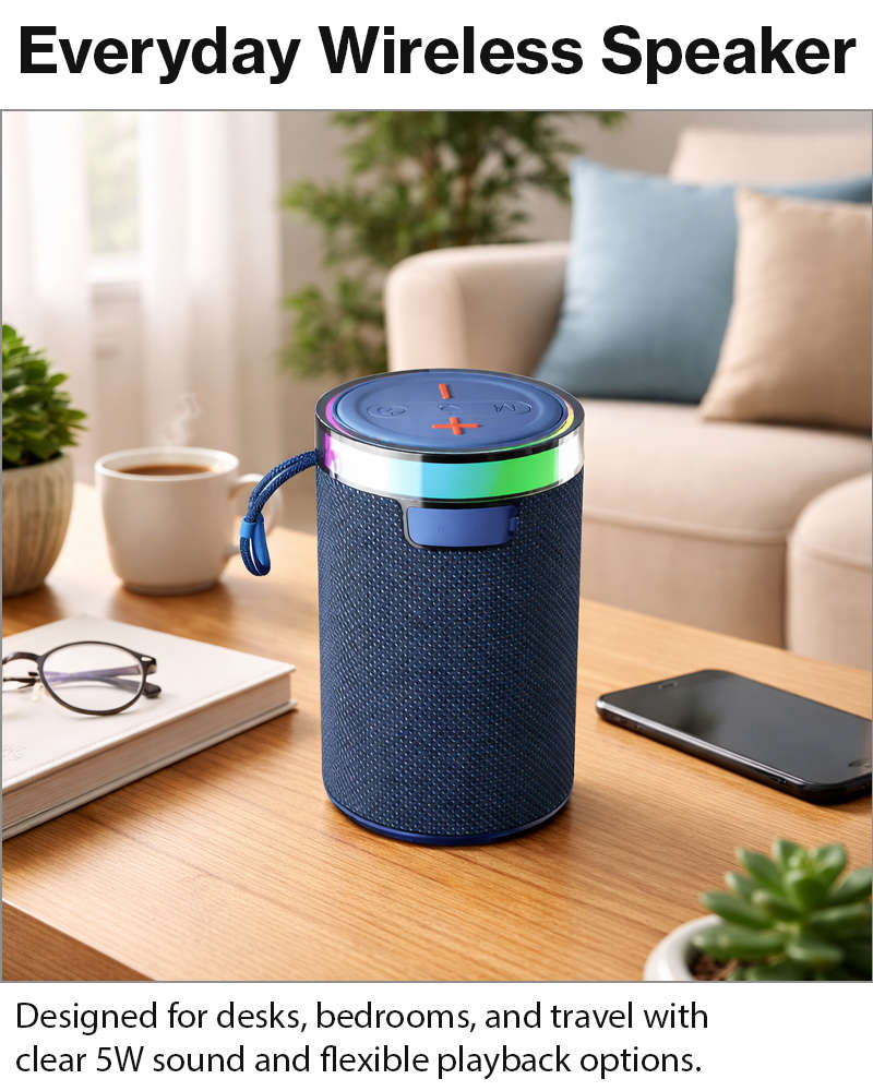 Wireless Bluetooth Speaker  Blue 5W RGB Light Portable TF USB Playback 1200mAh USB-C