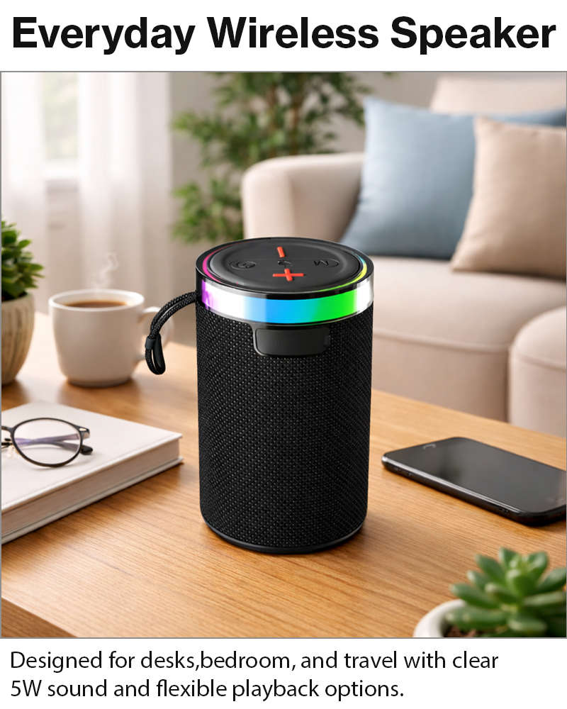 Wireless Bluetooth Speaker Black 5W RGB Light Portable TF USB Playback 1200mAh USB-C