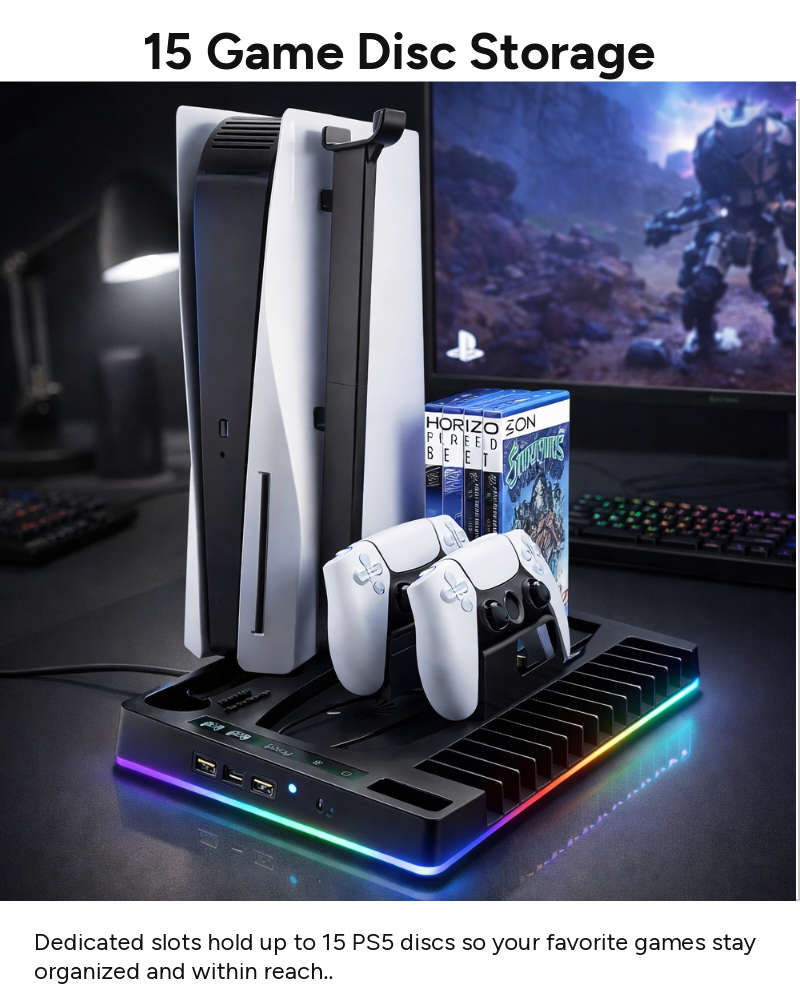 Cooling Stand with Dual Controller Charging Dock, Game Disc Storage for 15 Discs, Headset Holder,...