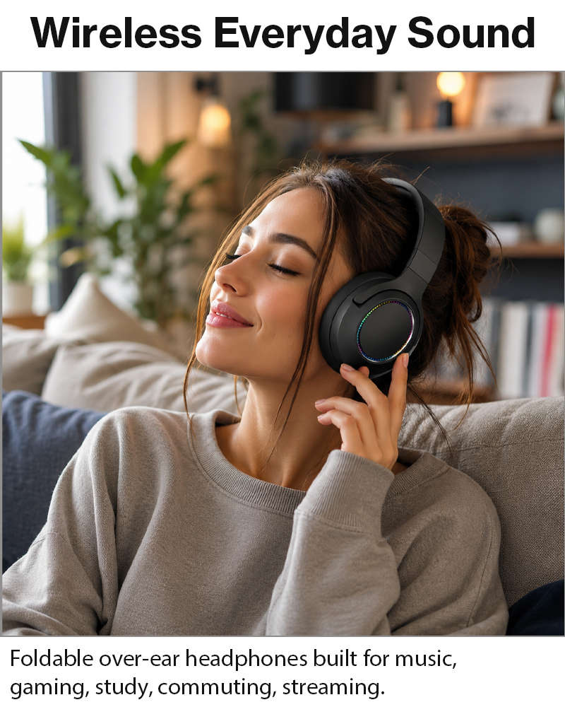Wireless Foldable Noise Reduction Headphones with 40mm Speakers, Type-C Charging, 10m Black