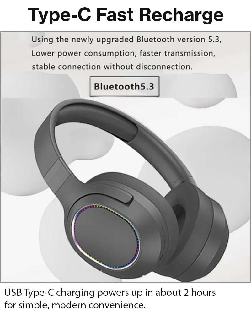 Wireless Foldable Noise Reduction Headphones with 40mm Speakers, Type-C Charging, 10m Black