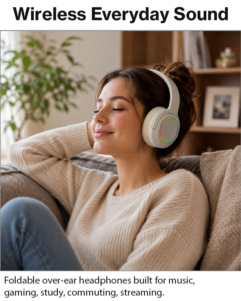 Wireless Foldable Noise Reduction Headphones with 40mm Speakers, Type-C Charging, 10m Beige