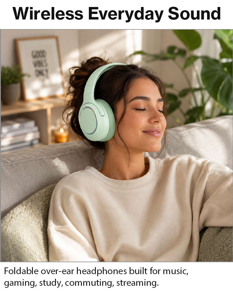 Wireless Foldable Noise Reduction Headphones with 40mm Speakers, Type-C Charging, 10m Range,Green