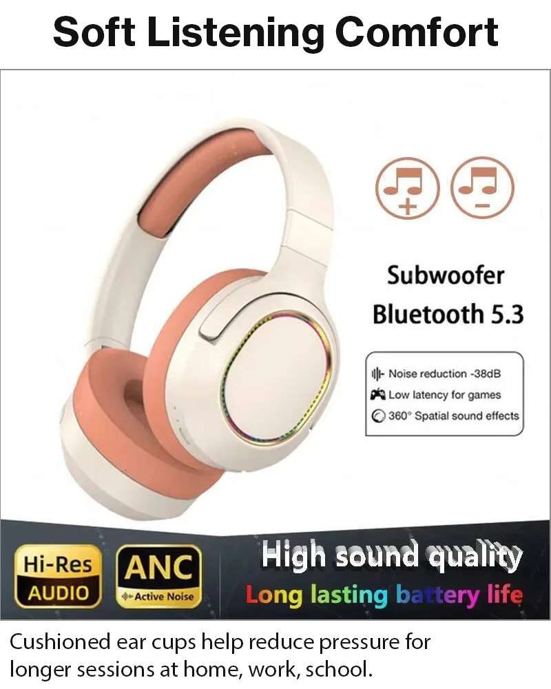 Wireless Foldable Noise Reduction Headphones with 40mm Speakers, Type-C Charging, 10m PinkOrange