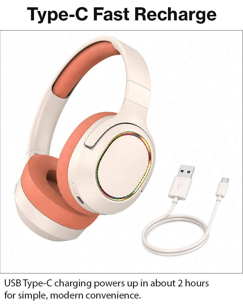 Wireless Foldable Noise Reduction Headphones with 40mm Speakers, Type-C Charging, 10m PinkOrange