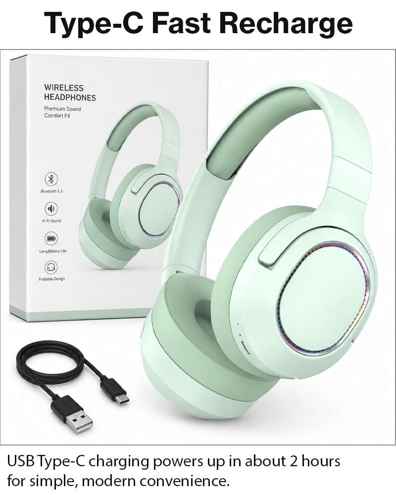 Wireless Foldable Noise Reduction Headphones with 40mm Speakers, Type-C Charging, 10m Range,Green