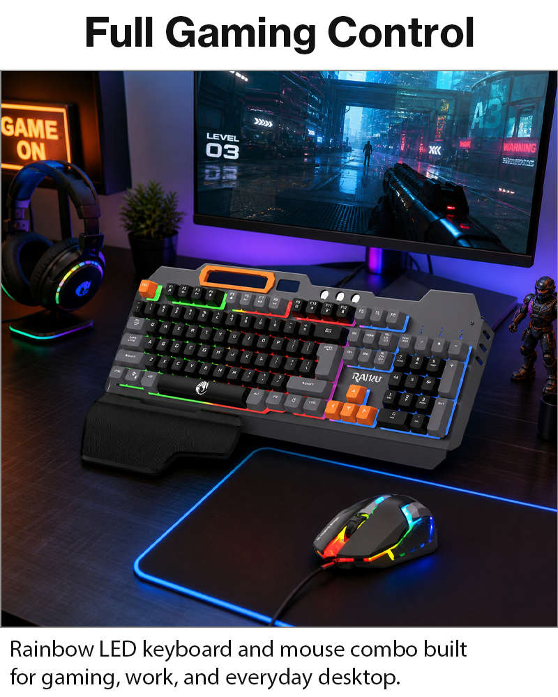 Rainbow LED Gaming Keyboard and Mouse Combo with Aluminum Metal Frame, Suspension Keycaps and Mag...
