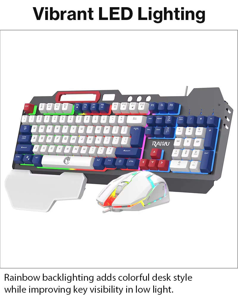 Rainbow LED Gaming Keyboard and Mouse Combo with Aluminum Metal Frame, Suspension Keycaps and Mag...