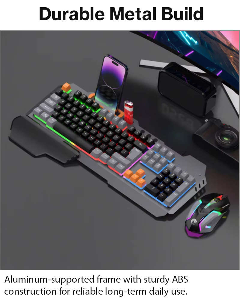Rainbow LED Gaming Keyboard and Mouse Combo with Aluminum Metal Frame, Suspension Keycaps and Mag...