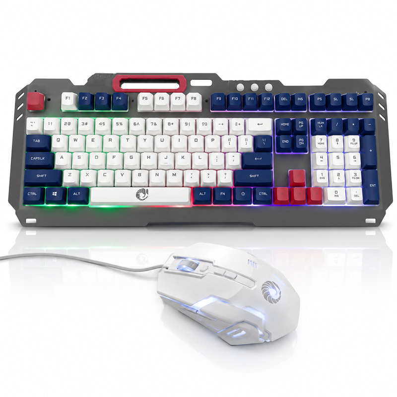 Rainbow LED Gaming Keyboard and Mouse Combo with Aluminum Metal Frame, Suspension Keycaps and Mag...