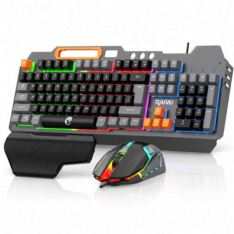 Rainbow LED Gaming Keyboard and Mouse Combo with Aluminum Metal Frame, Suspension Keycaps and Mag...