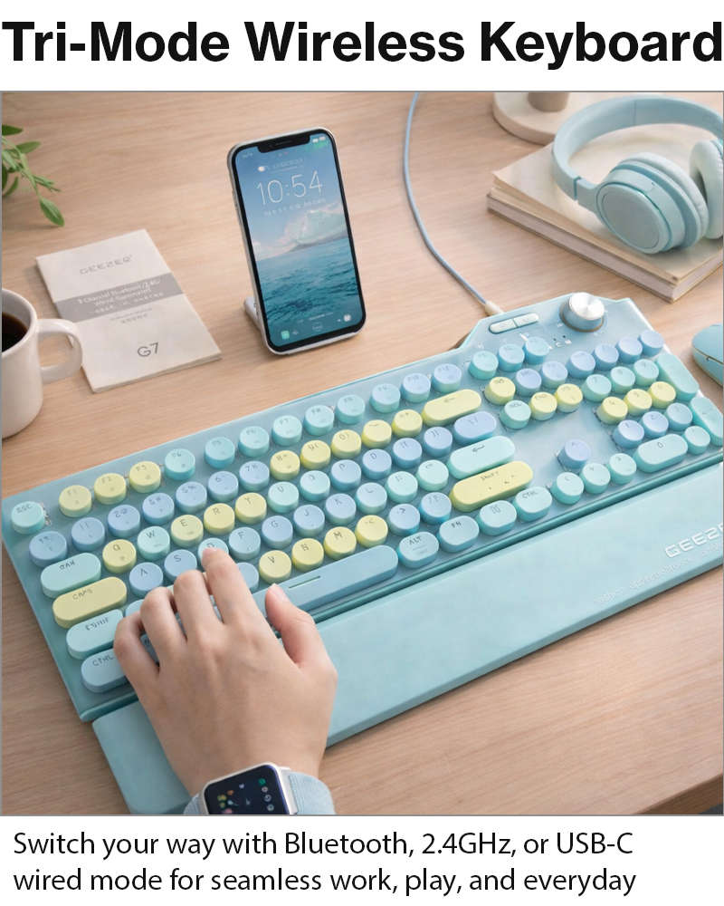 107-Key Wireless Keyboard Bluetooth 5.0 / 2.4G / USB-C Wired, Illuminated Backlight, Volume Dial,...