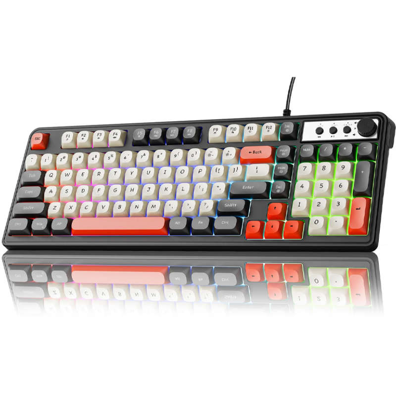 98-Key Wired Membrane Keyboard with Number Pad, RGB Backlit, 2-in-1 Control Knob, Media Buttons, ...