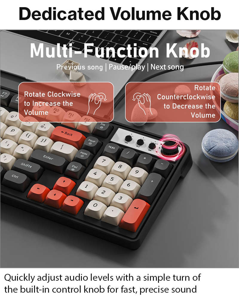 98-Key Wired Membrane Keyboard with Number Pad, RGB Backlit, 2-in-1 Control Knob, Media Buttons, ...