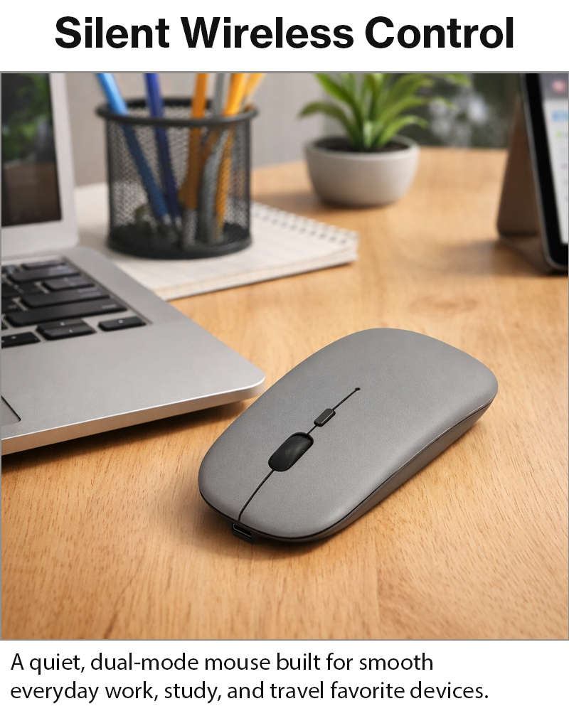 Wireless Mouse 1600 DPI  Bluetooth 5.0 2.4GHz Dual Mode  Matte Grey