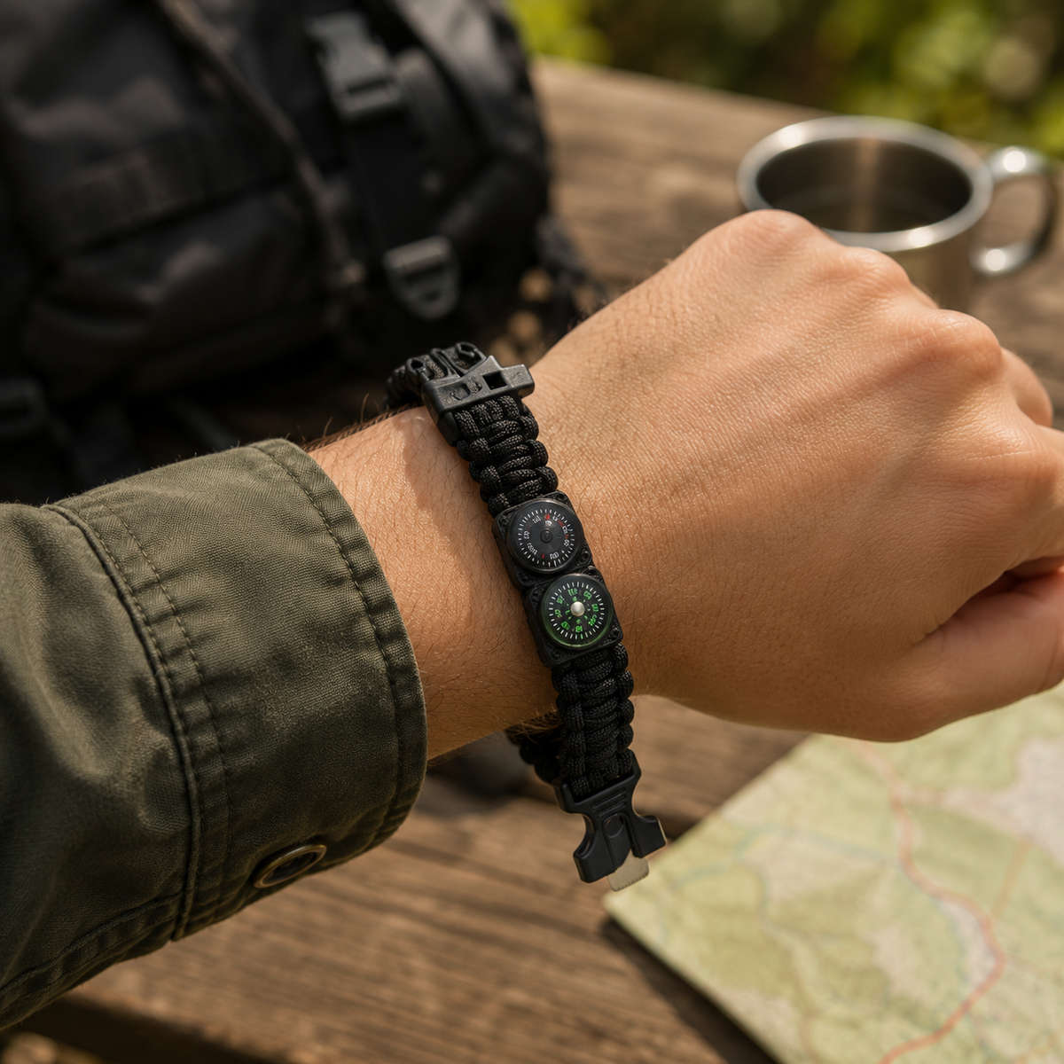 Black Paracord Survival Bracelet with Compass, Whistle, Fire Starter and Scraper, Fits 79 in W...