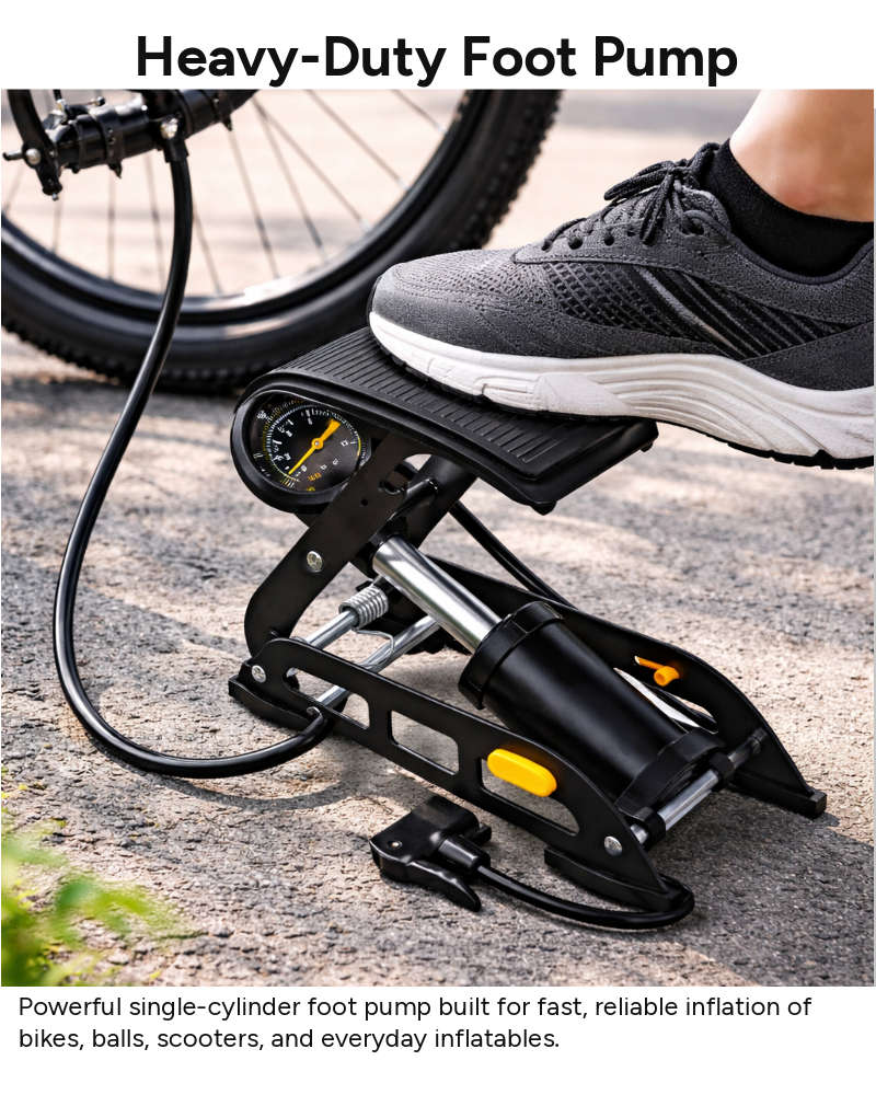 Foot Pump with Gauge  High-Pressure Steel Frame Pedal Inflator  Multi-Valve Compatibility