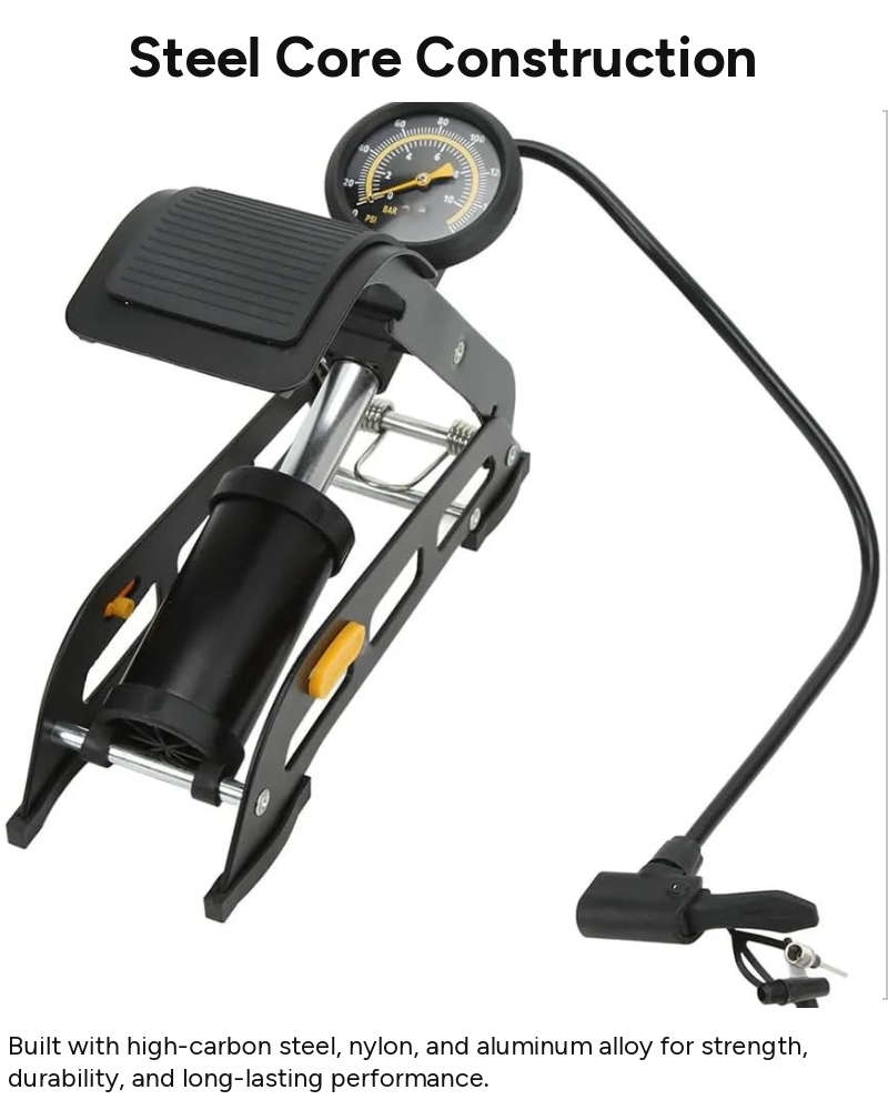 Foot Pump with Gauge  High-Pressure Steel Frame Pedal Inflator  Multi-Valve Compatibility