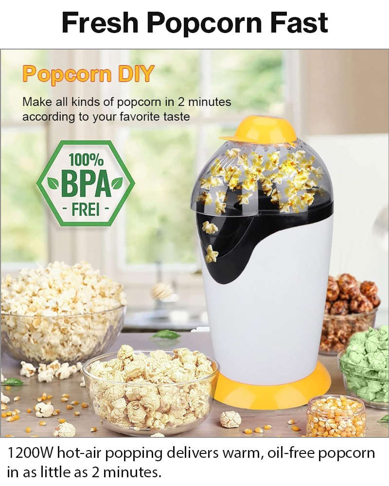 1200W Hot Air Popcorn Maker 230V EU Plug, 2.5L Capacity, Oil-Free, ABS, White & Yellow Compact De...