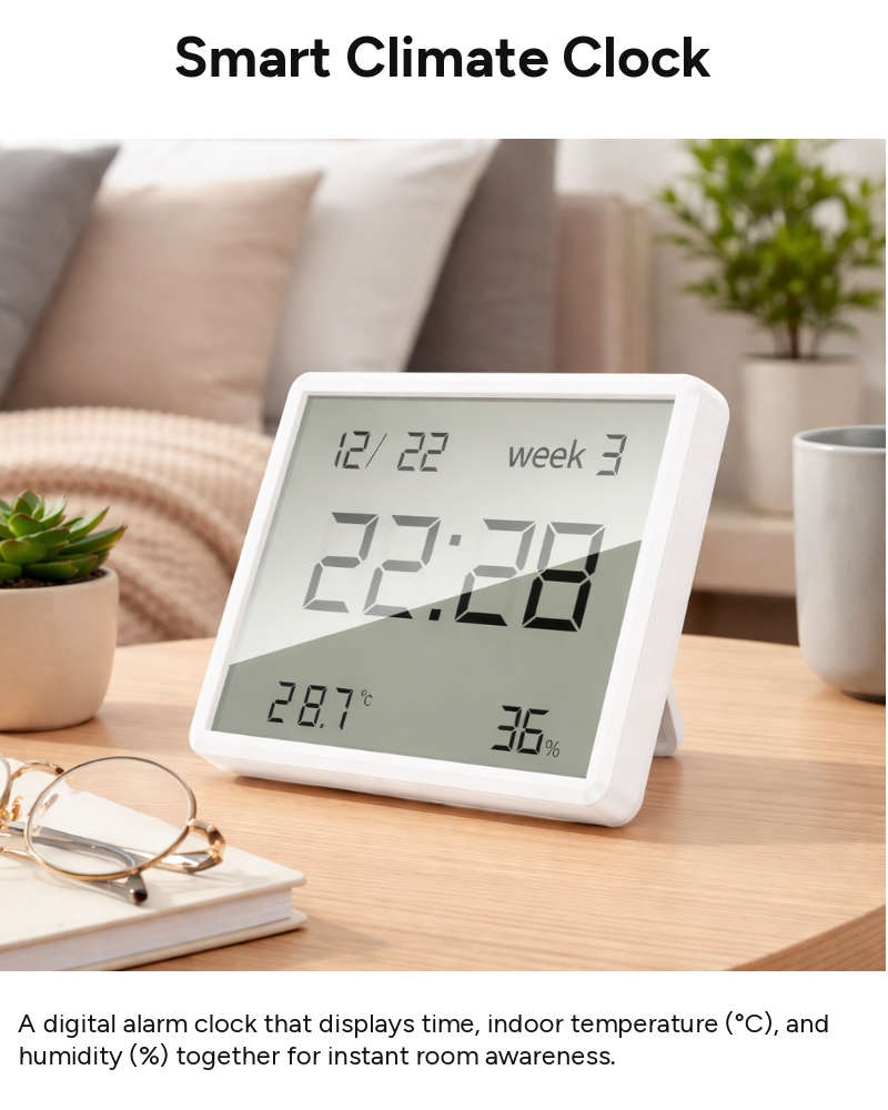 Digital Alarm Clock with Temperature & Humidity Display, 12/24 Hour Format, LCD Screen, CR2032 Ba...