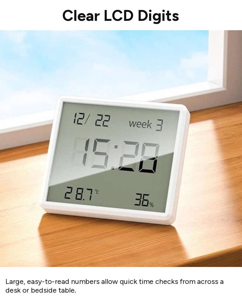 Digital Alarm Clock with Temperature & Humidity Display, 12/24 Hour Format, LCD Screen, CR2032 Ba...